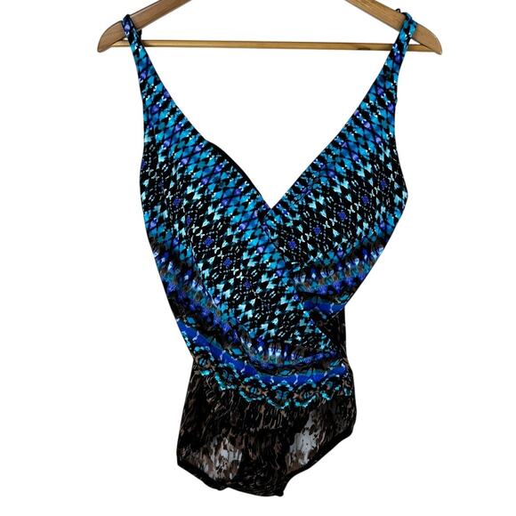 Miraclesuit Women's Untamed Wrapsody One Piece Swimsuit Blue/Brown Sz 10 NWOT - Picture 2 of 8
